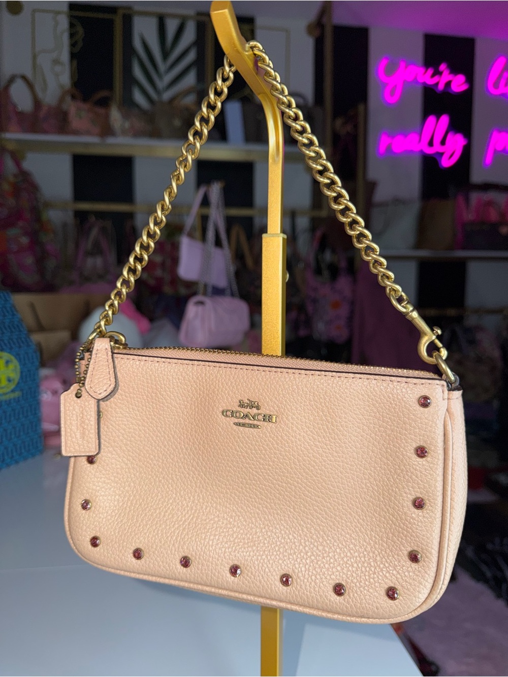 Coach Nolita 19 Crystal Rivet Mini Shoulder Bag 39246 Pink Leather